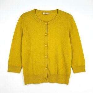 Eileen Fisher Organic Cotton Cashmere Mustard Crewneck Knit Button Cardigan S